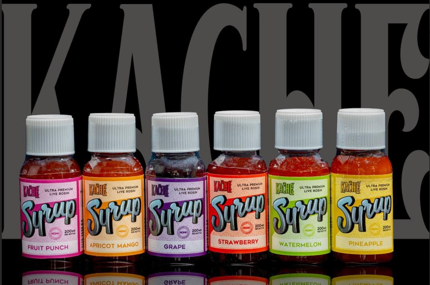 display of kache ultra premium live rosin syrup 200mg flavors